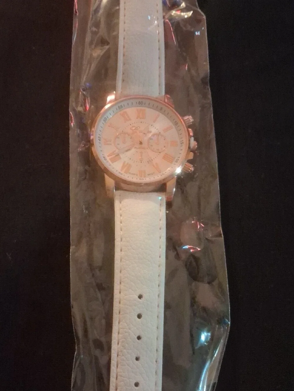 Geneva White Leather Strap Watch with Rose Gold Accents